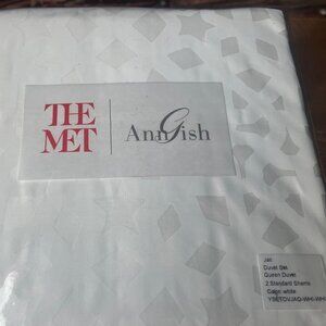 NWT $525 The Met x Ann Gish 3-PC Jali QUEEN Duvet Cover / Shams SET - White